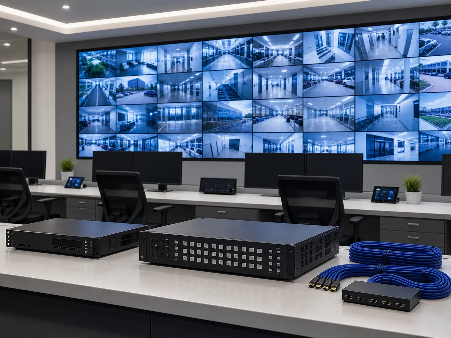 Security command center with video wall panels and operator control equipment