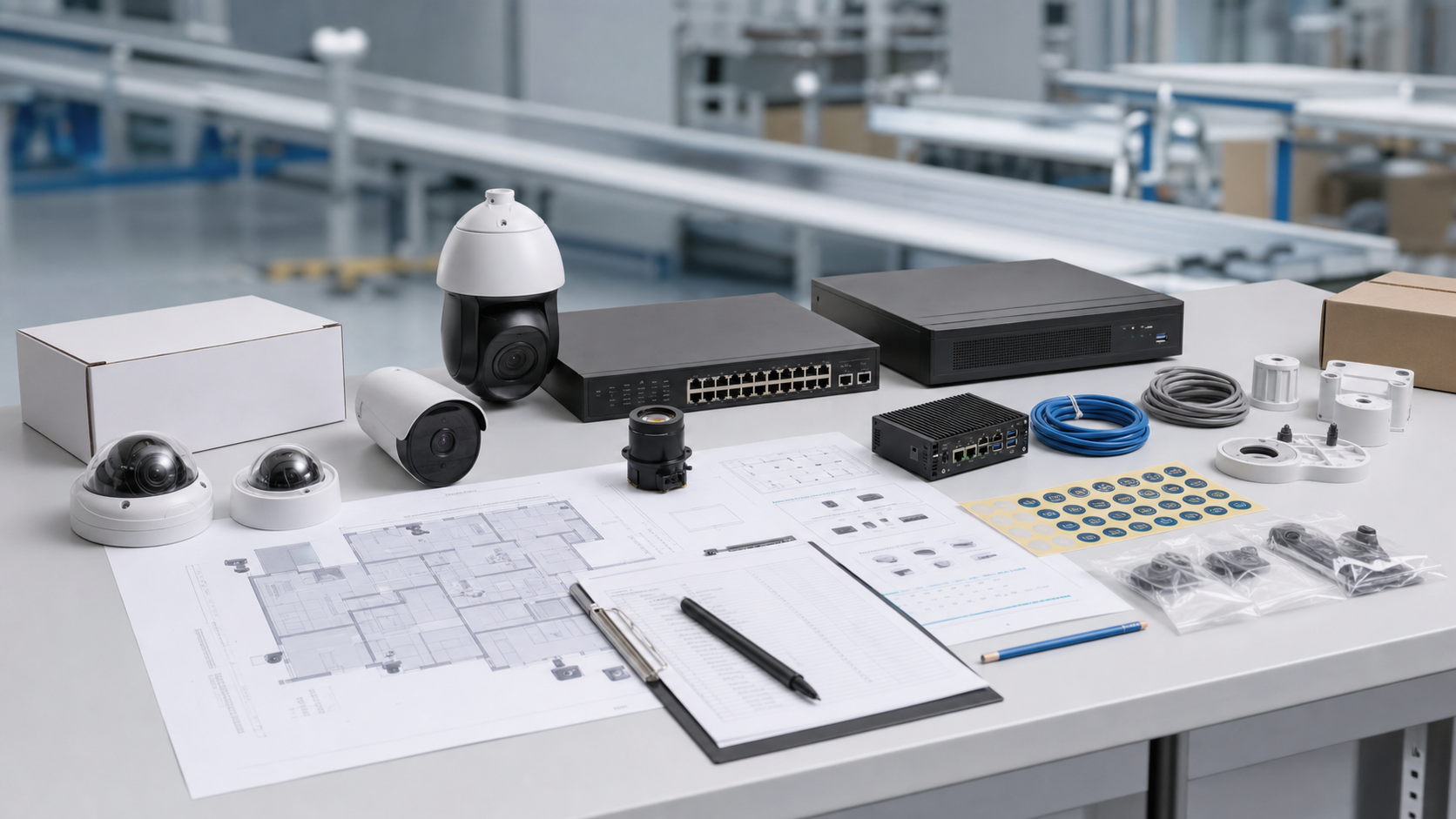 CCTV factory configuration desk with cameras, lens options, NVR, PoE switch, project drawings and OEM labels