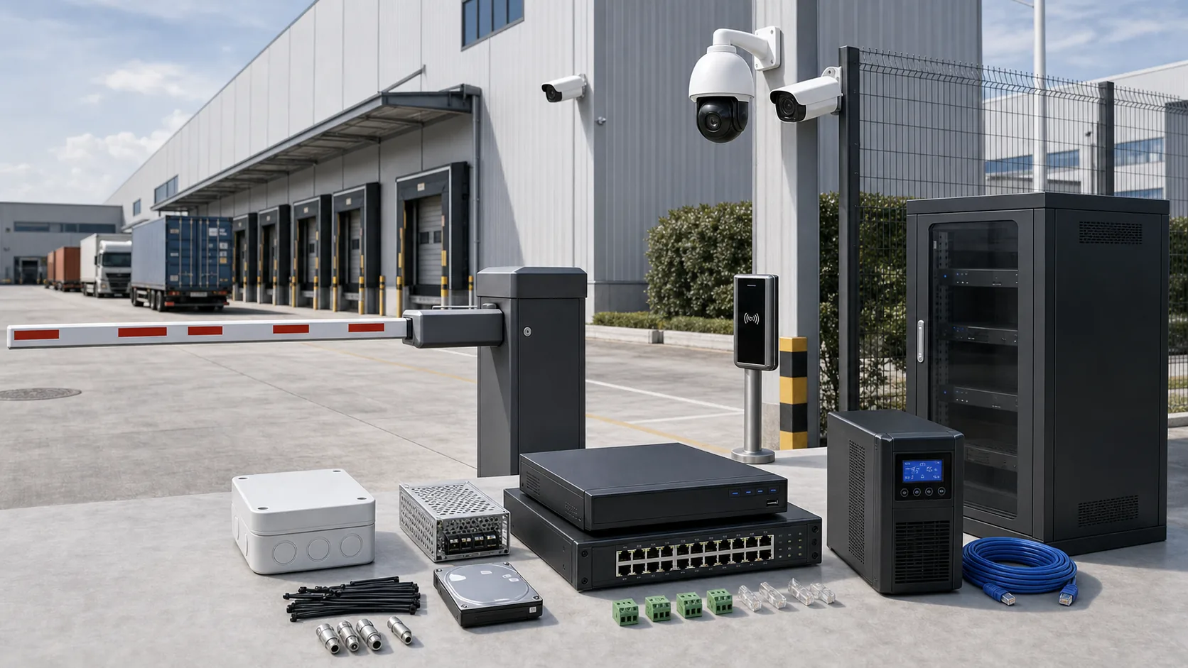 Factory and Warehouse Security System with CCTV, Gates and UPS equipment package scene