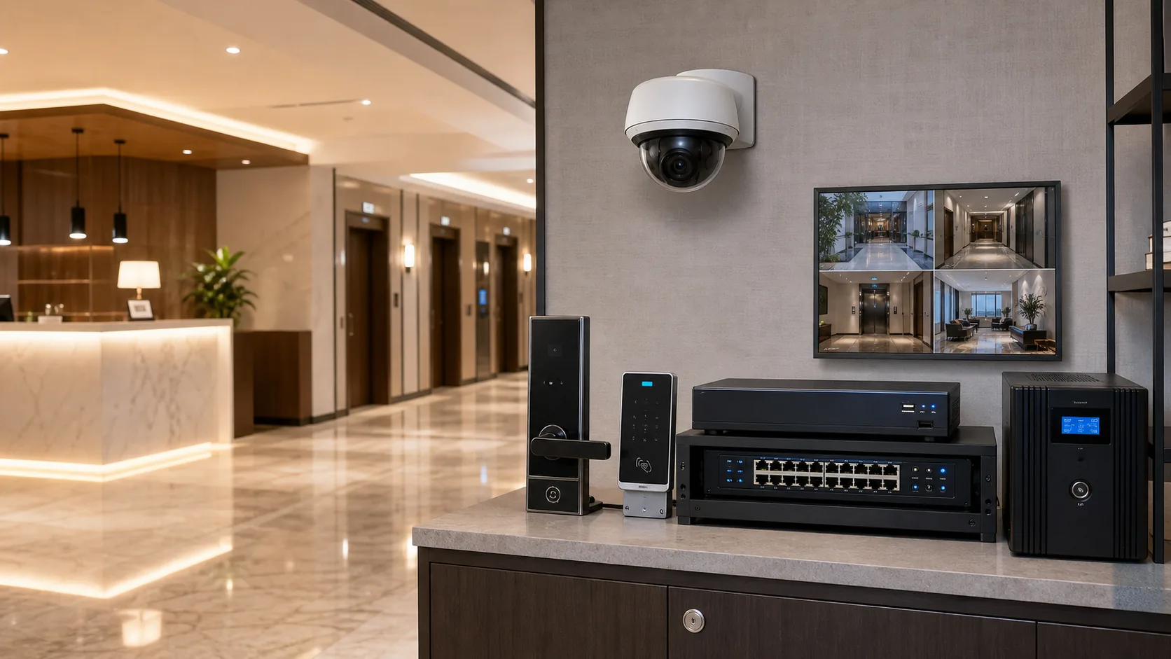 Hotel Security System with CCTV, RFID Locks and UPS equipment package scene