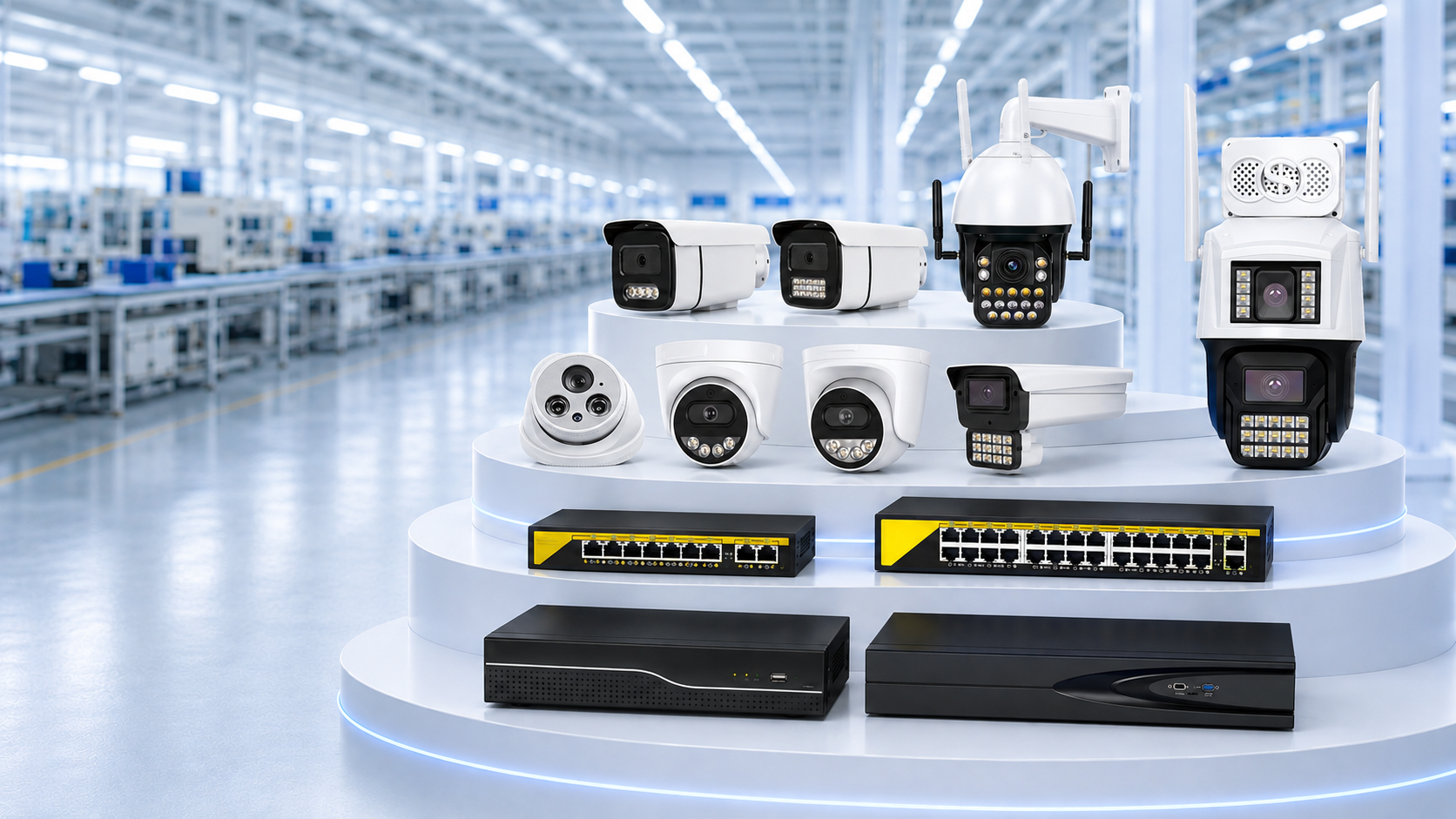 Factory-direct CCTV camera product series with IP cameras, NVR and PoE switch equipment