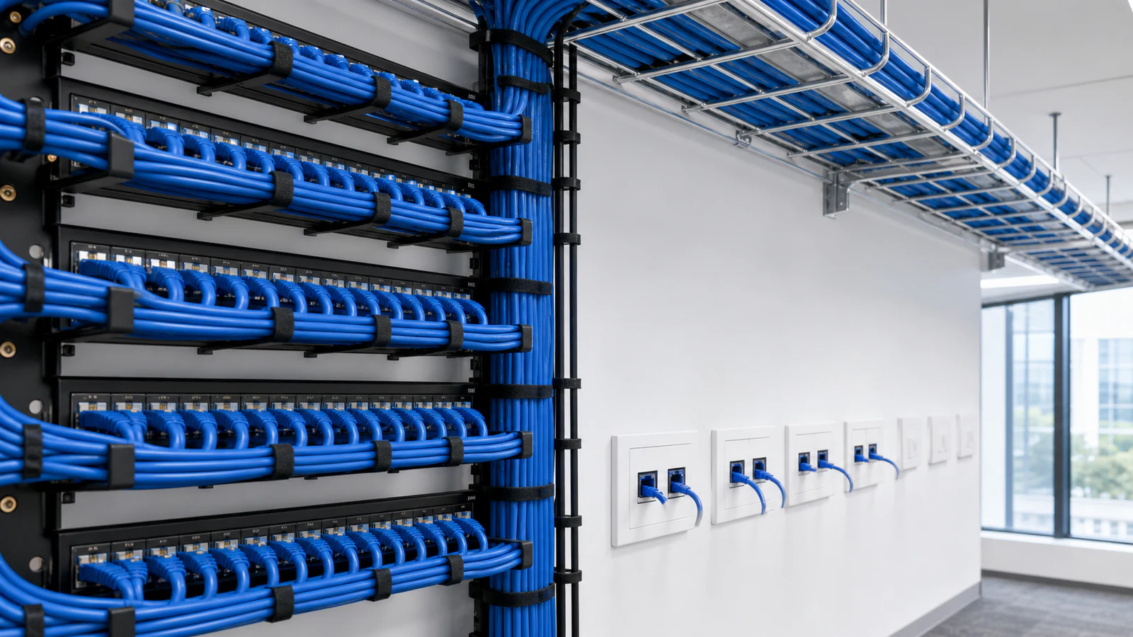 Structured cabling patch panels with organized blue network links and work-area outlets